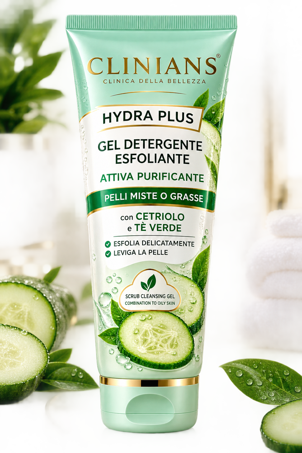Clinians Hydra Plus – Gel Detergente Esfoliante con Cetriolo e Tè Verde 150ml